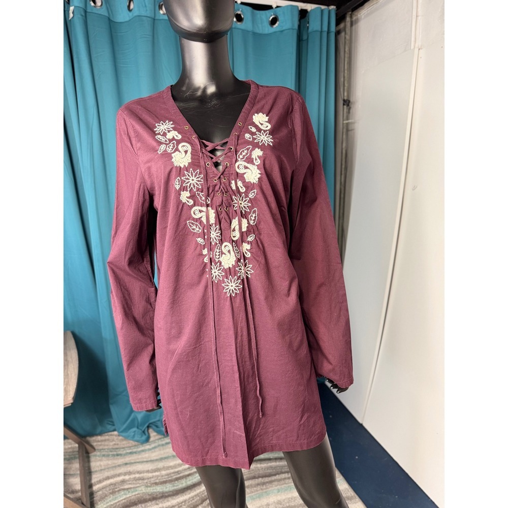 Old Navy Embroidered Long Sleeve Lace Up Tunic Top Women's Plum Purple Xl cotton